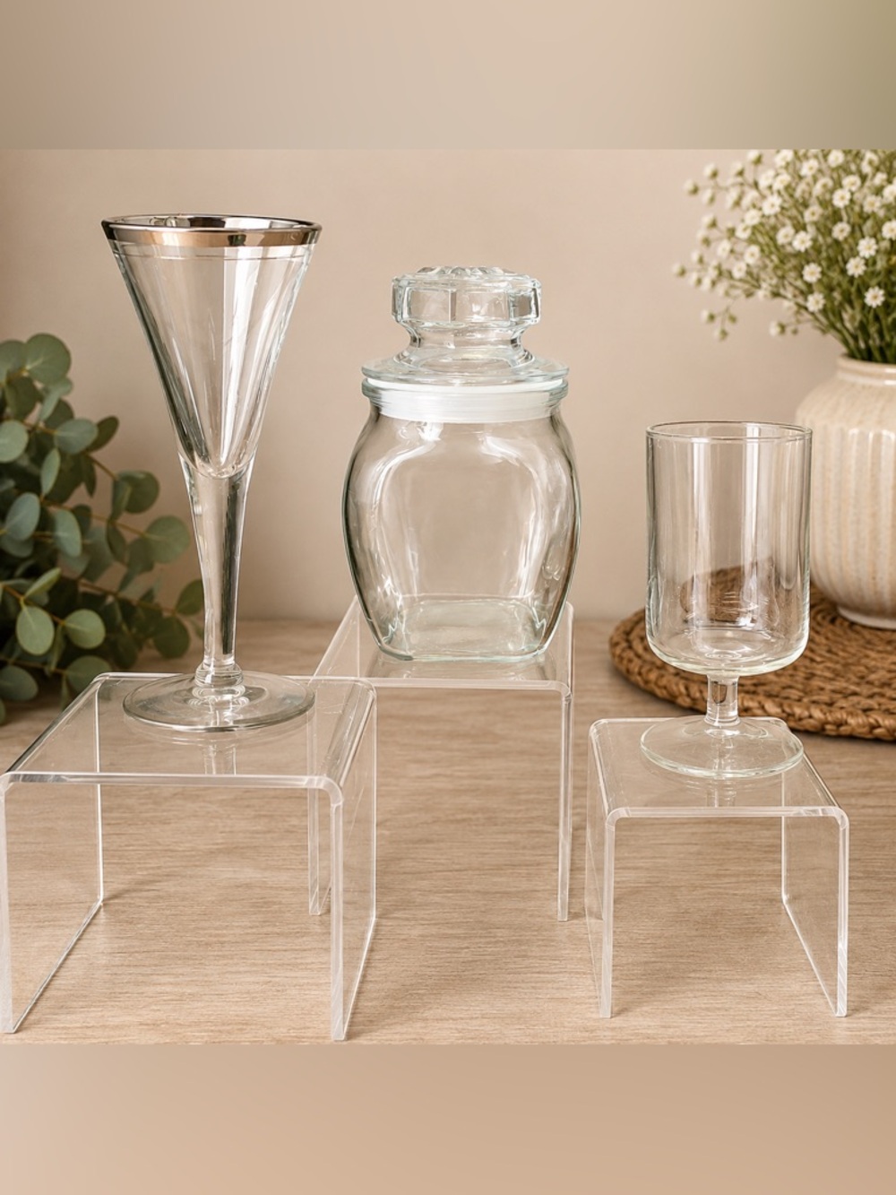 🔍 3-Piece Glass Decor Bundle – Silver Rim Flute, Apothecary Jar & Goblet